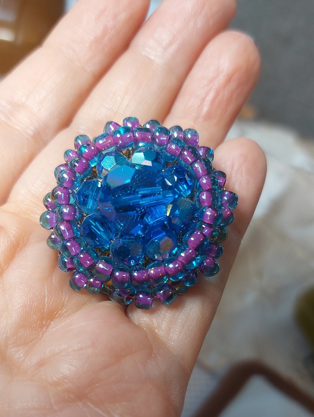 Vintage Mid-Century Bermuda Blue Austrian Crystal Domed Filigree  Brooch